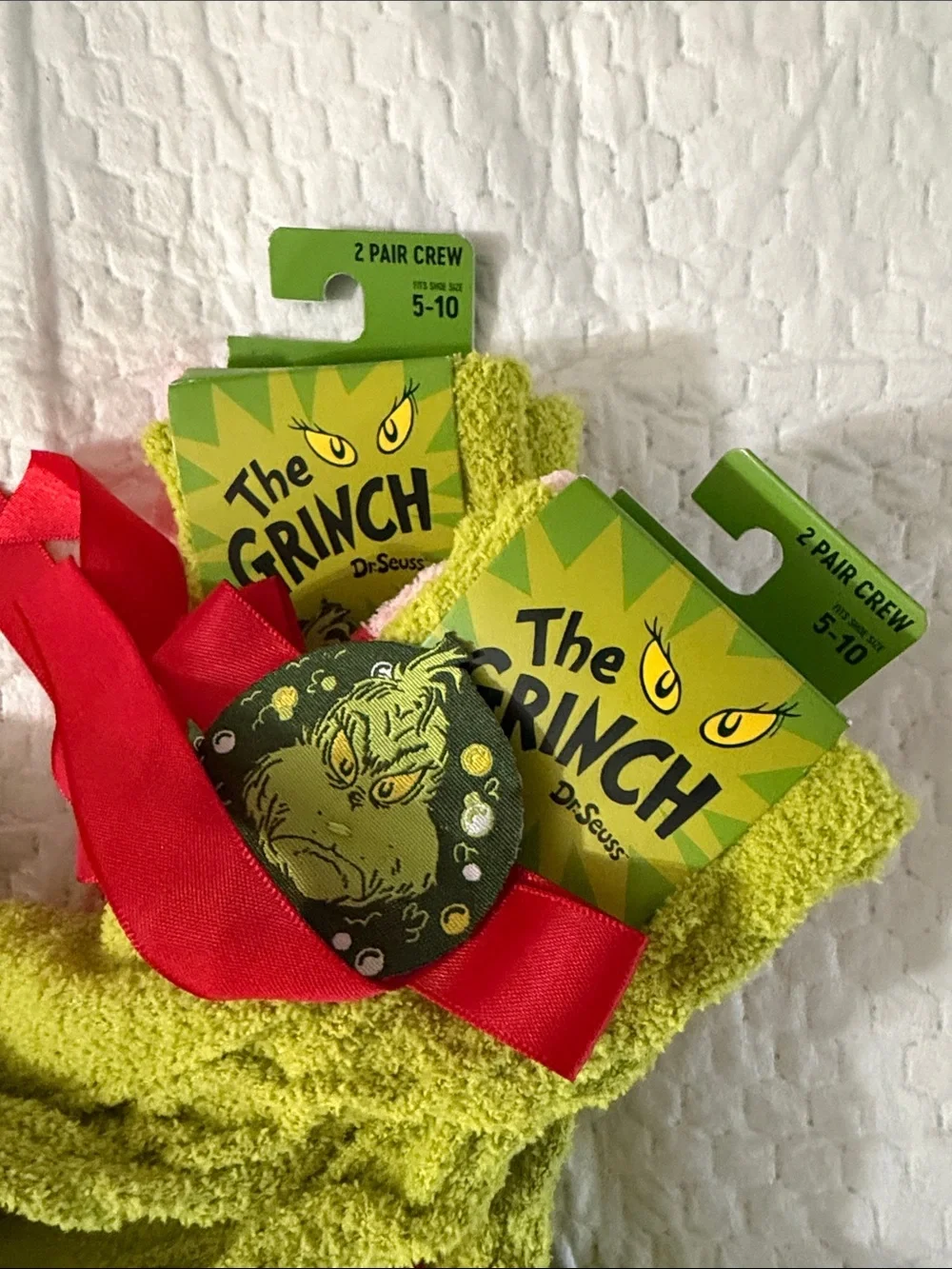 The Grinch Plush Crew Socks - Lime Green with Red Accents